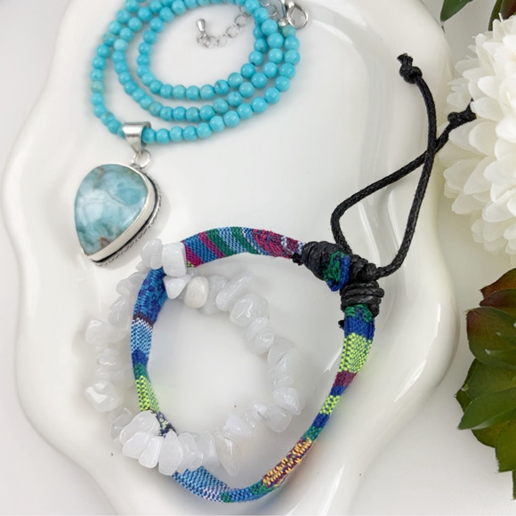Jewelry Set Lot Blue Larimar Pendant Turquoise Necklace Bracelets 925 Overlay - Picture 2 of 9